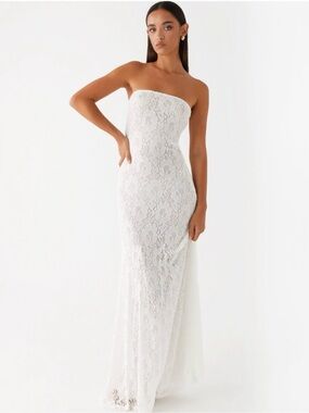 Peppermayo Strapless White Lace Maxi Gown